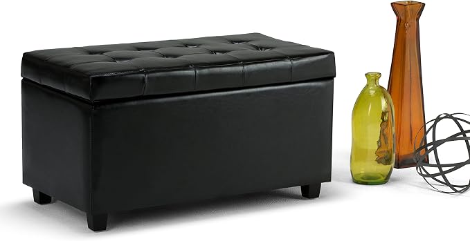 SIMPLIHOME Dover 36" Wide Vegan Leather Storage Ottoman in Distressed Brown | Midnight black, transitional storage ottoman with tufting and lift-up lid; rectangle storage bench for living room.