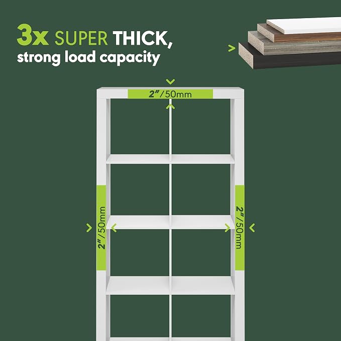 Furinno Cubicle Book Shelf, 8-Cube 2-Inch Super Thick Frame Bookshelf, Reversible Bookcase, Cube Storage Organizer with Open Back, 15.4 x 30.8 x 57.5, for Living Room, Bedroom, Home Office, White