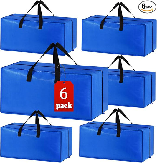 Heavy Duty Extra Large Blue Moving Bags with Strong Zipper Backpack Handles | 6 Pack Clothes Storage Bags Totes Space Saving Moving Boxes Bins Packing Bags for College Dorm Compatible with Ikea Frakta