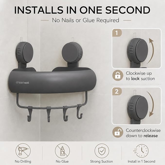 Corner Shower Caddy Suction Cup, Removable Shower Organizer Shelf | 2 Pack, Rustproof Aluminum, Includes Hooks&Hanging Bar, 2 Installation Ways, Wall-Mounted Bathroom Organizer Storage Shelves