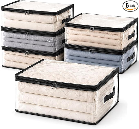 Blanket Storage Bags 6 Pack 35L Clear Plastic Clothes Closet Organizer | Clear Plastic, Zippered Closure, for Clothes Comforters Sweaters Blankets Sheets and Toys, Closet Storage
