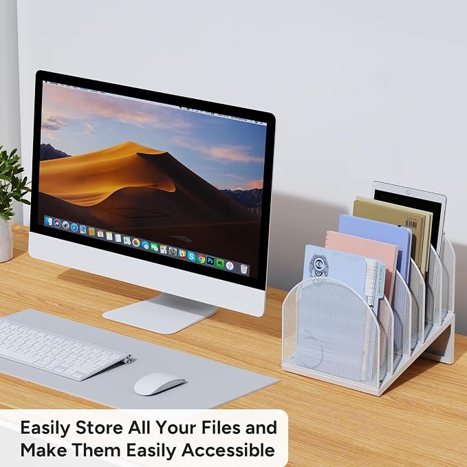 5-Section Desk File Organizer | Metal Mesh Folder Organizer for Documents, Mail & Office Papers (White)
