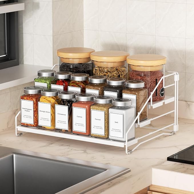 BOIVSHI Tiered Spice Rack, 4 Tier Spice Shelf Organizer for Cabinet, Spice Rack Organizer, Depth Adjustable Seasoning Rack Organizer for Cabinet, Countertop, Pantry, Metal, White (1 Pack)