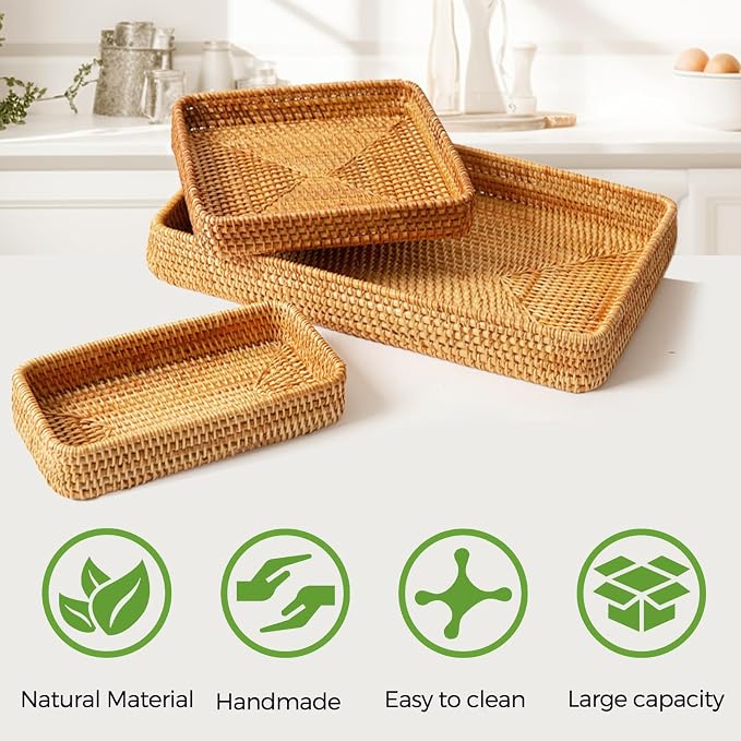 Rattan Serving Tray,Rectangle Wicker Storage Basket Set of 3 for Organizing | Natural Rattan, Decorative Serving Woven Trays Wicker Baskets for Storage, Home Decor, Bathroom, Kitchen Counter
