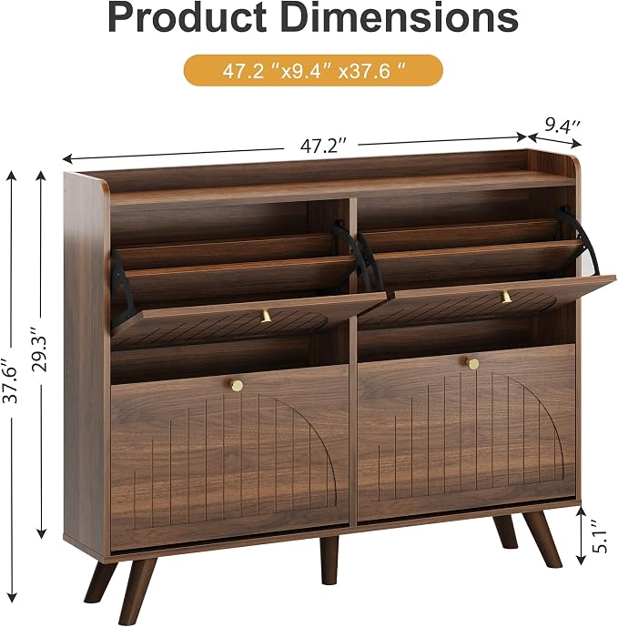 Decofy 47.2” Shoe Cabinet with 4 flip-Down Drawers, Three Adjustable Levels, freestanding Wooden Shoe Rack, Suitable for entryway, Hallway, and Living Room (Walnut) | 47.2''W; 4 Flip-Down Shoe Storage Drawers; 3 Adjustable Shelves; Narrow Entryway Desi...