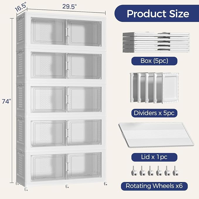 200GAL Extra Large Storage Bins with Lid, 800Qt Stackable Closet Organizers and Drawers, Collapsible Storage Bins with Wheels, Folding Containers for Home, Kitchen Office, 5Pack White