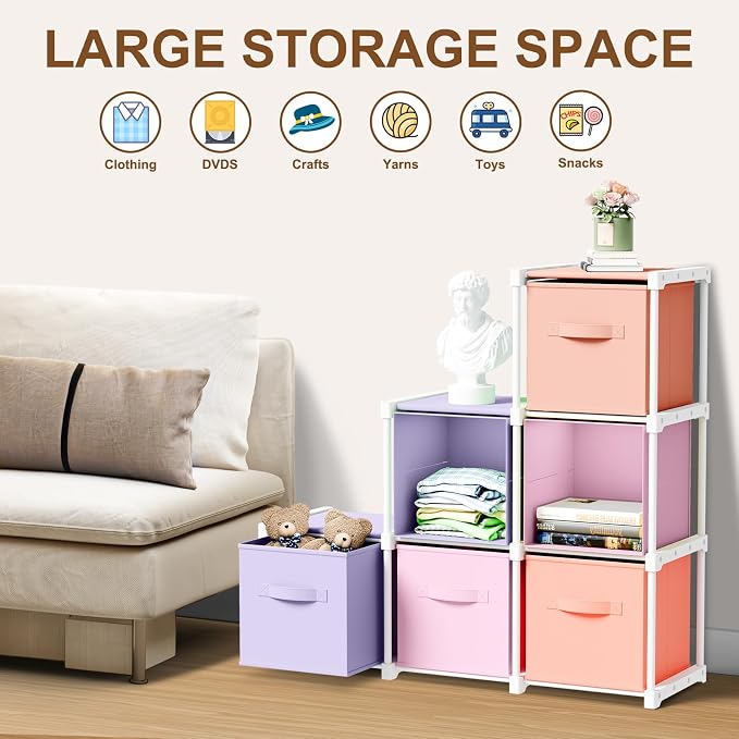 Briwooody 6 Cube Storage Organizer Storage Bins Shelf,Pink,Purple,Orange