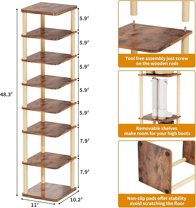8 Tiers Vertical Shoe Rack, Tall Narrow Shoe Tower, Corner Shoe Rack, Brown | Small Shoe Organizer for Entryway, Closet, Dorm & Small Spaces, Freestanding Wooden Shoe Shelf for Boots, Sneakers, Heels.