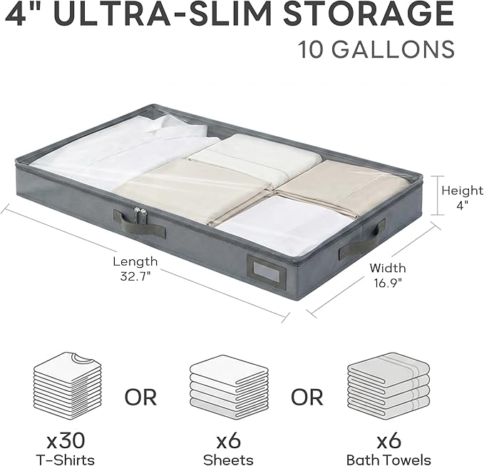 4" Low Profile Under Bed Storage Bins (2-Pack, Grey), Slim 600D Oxford Fabric Clothes Organizer Box with Reinforced Leather Handles, Sturdy Clear Lid