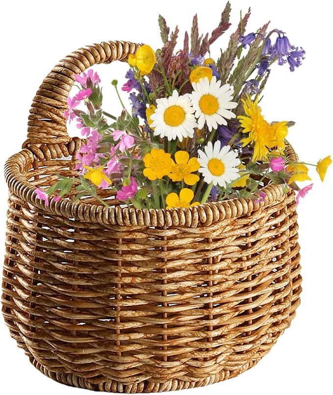 Woven Hanging Wicker Basket, Handmade Rattan Hanging Wall Basket (S) | Decorative Basket | Small Woven Basket | Small Wicker Basket for Garden Farmhouse Home Decor