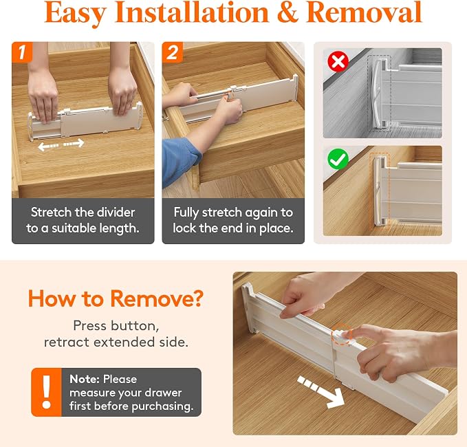 Lifewit 12 Pack Drawer Dividers for Clothes, 4" High 10.5"-16.5" Expandable Dresser Drawer Organizers, Adjustable White Plastic Separators for Kitchen, Cabinet, Nursery, Socks & Underwear Storage
