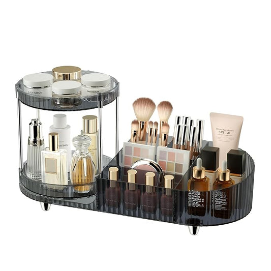 Makeup Organizer Countertop for Vanity, 360 Rotating Perfume Tray with 5-compartment Cosmetic and Skincare Organizers, Multi-Purpose Desk Storage Makeup Brush Holder for Bathroom Bedroom Counter