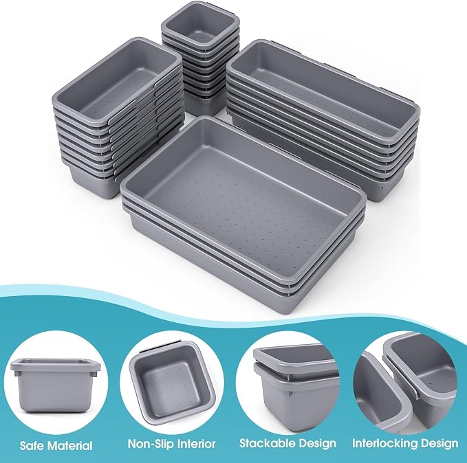 25 PCS Drawer Organizer Set, 4 Size Makeup Drawer Divider Organizer With Non-Slip Pads, Interlocking Plastic Storage Bins for Office,Jewelry Vanity,Gadgets, Bathroom,Kitchen, Grey