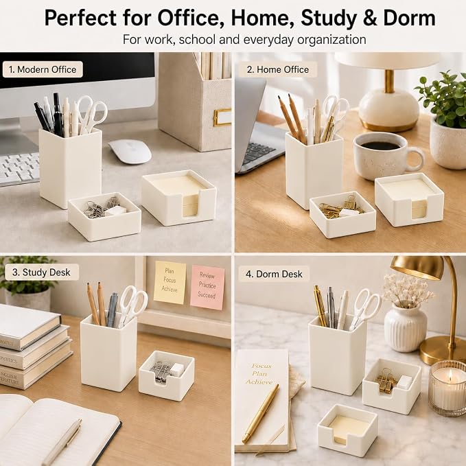 minimaliving Aesthetic Silicone Desk Organizer Set of 3,Modern Office Desk Accessories with Pen Holder,Paperclip Tray,Sticky Note Holder,Stylish Functional Office Desk Decor for Back-to-school(Beige)