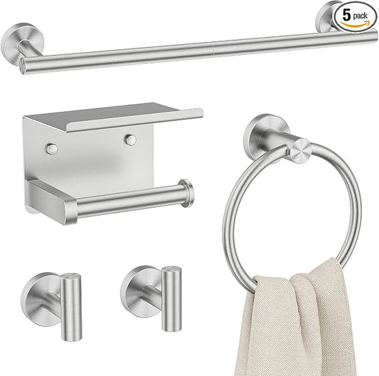 FORIOUS Bathroom Accessories, 5-Piece Bathroom Hardware Set - 24" Towel Bar | Brushed Nickel | Towel Hooks, Towel Racks for Bathroom, Toilet Paper Holder With Shelf, Towel Ring | SUS304 Stainless Steel