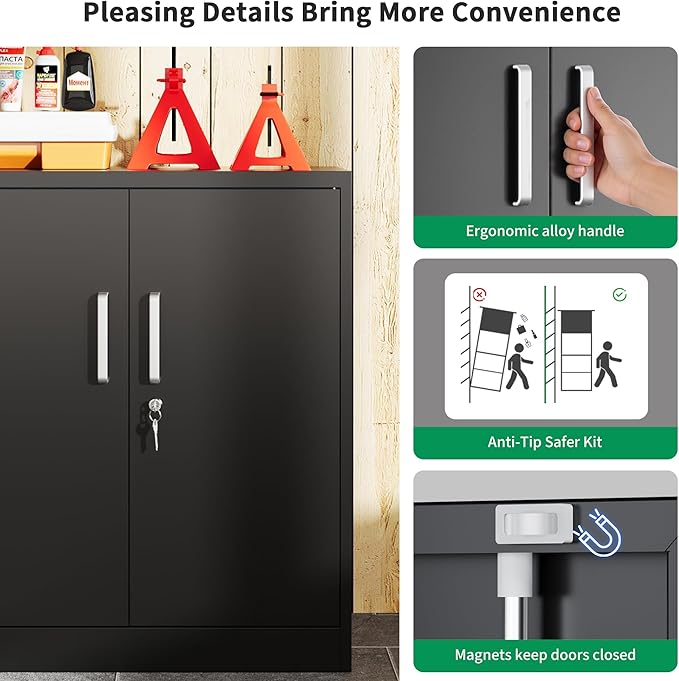 Metal Garage Storage Cabinet, Durable Metal Storage Solution | 35.4" Steel Garage Organizer Cabinet with Doors and Adjustable Shelves, Lockable File Cabinet for Home, Office, Tools