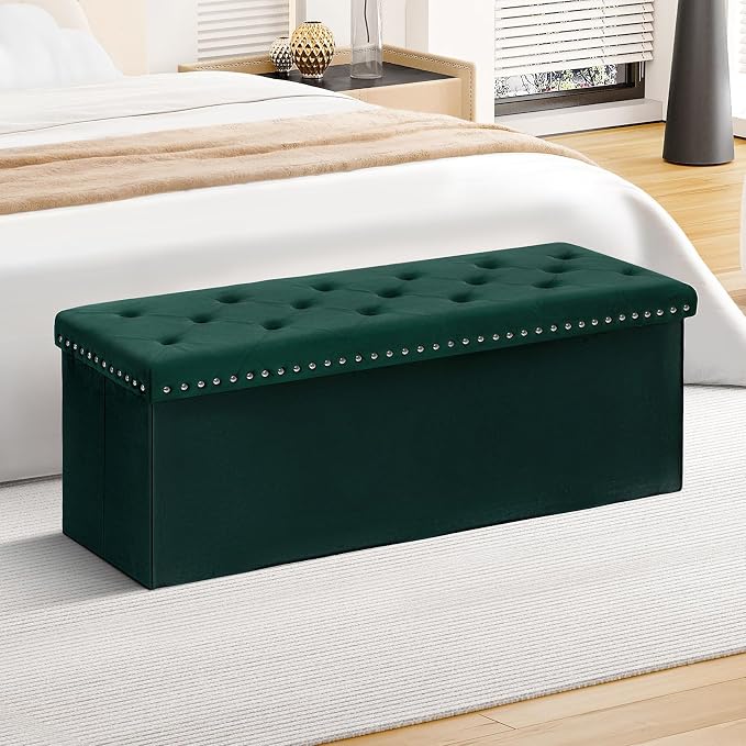 B FSOBEIIALEO Storage Ottoman Bench, Folding Tufted Ottoman with Storage, Extra Large 140L Toy Chest Bench for Bedroom, Luxury Velvet Fabric, 43 Inches Green