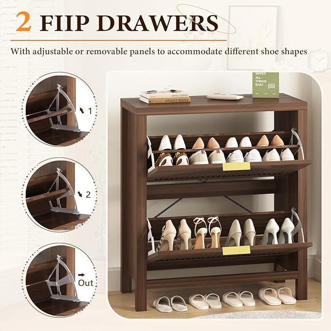 Fluted Shoe Cabinet Storage with 2 Flip Drawers for Entryway, Hallway | Hidden Shoe Rack Slim Freestanding Hidden Shoe Organizer for Foyer, Hallway, Living Room, Walnut