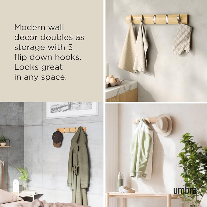 Umbra Flip 5 Wall Mounted Hook | Real wood and steel build, retractable hooks fold flat, holds coats bags and scarves, easy install