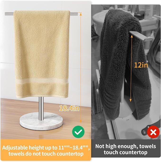 STWWO Hand Towel Stand, 11~18.8IN Adjustable Marble Base Brushed Nickel | for Bathroom, Kitchen & Countertop, T-Shape, Stainless Steel, with Sturdy Base