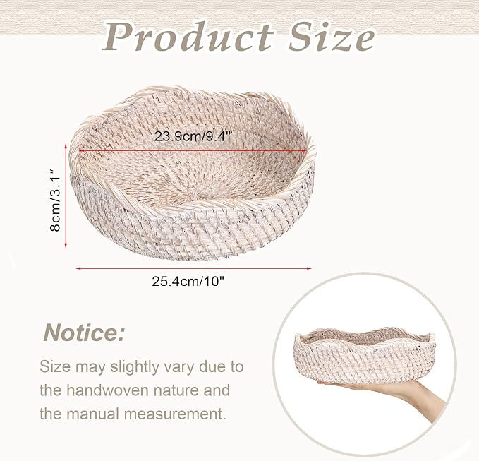 Hipiwe Rattan Key Basket for Entryway Table Handwoven Small Baskets Tray | Decorative Coffee Table Trays Wicker Storage Baskets Bowl Round Fruit Bread Serving Basket Tray, Whitewash
