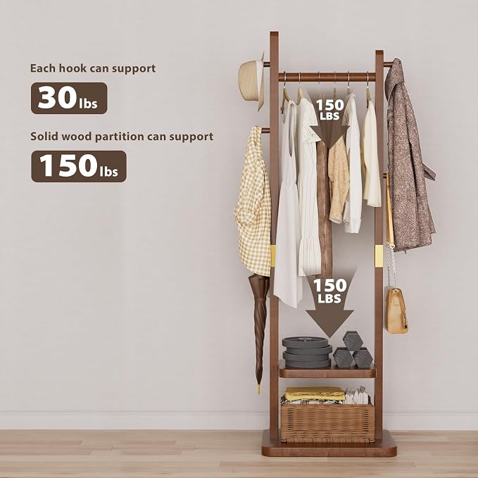 Solid Wood Coat Rack, Freestanding Clothing Rack with 2 Shelves Storage & 5 Hooks, Heavy Duty Clothes Rack Stand for Hall, Bedroom, Living Room