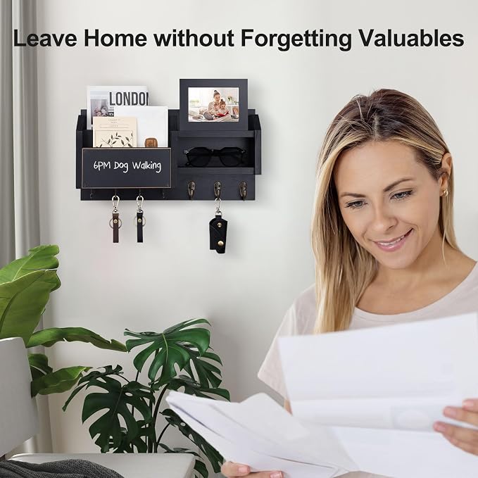 Lwenki Mail and Key Holder – Wall Mount Key Hanger with Shelf and 7 Metal Hooks – Decorative Natural Paulownia Wood Entryway Organizer with Mounting Hardware (16.5”W x 8.7”H x 3.5”D) (Black)