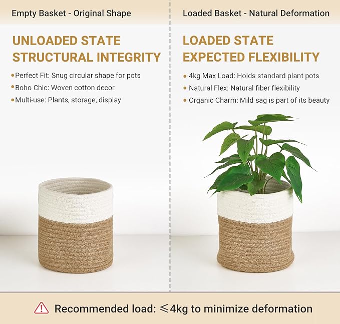 Dahey Plant Basket Indoor for 7 inch Pot Woven Jute Planter, White & Beige | Fits 6"-7" Planters, Reinforced Structure, Foldable Laundry Bin with Handles, Jute Cotton Rope, Decorative Flower Pot Cover