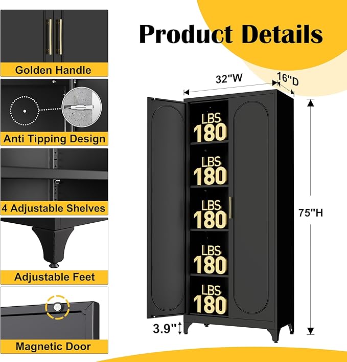 Steeloong 75"Metal Pantry Storage Cabinet with Doors & 4 Adjustable Shelves | Kitchen Pantry Cabinet,Black Tall Pantry Cabinet for Kitchen Storage,Storage Cupboard for Living Room,Pantry,Garage,Bathroom