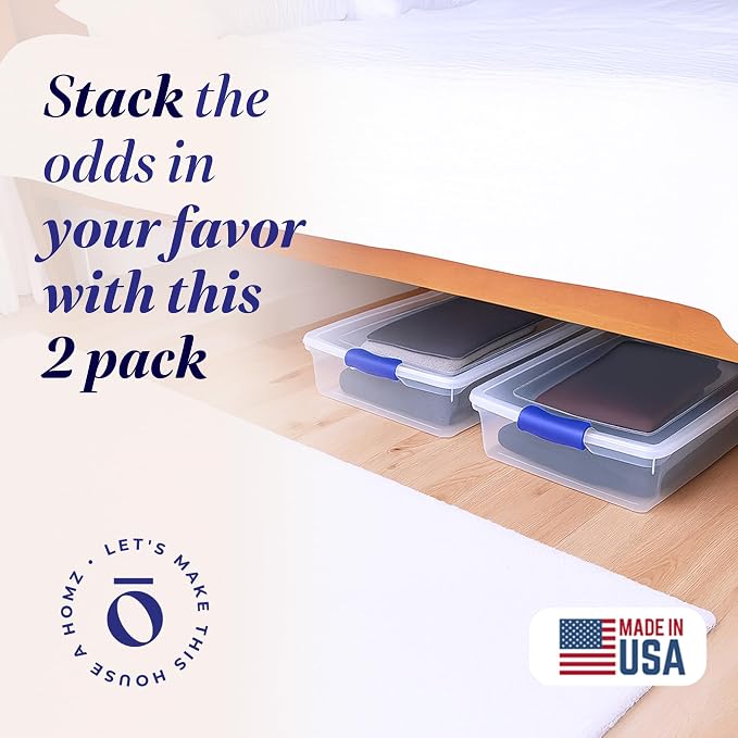 HOMZ 60 Quart Clear Plastic Underbed Storage Bins, Pack of 2 Large Organizer Containers with Secure Latching Lids, Easy Grip Handles and 4 Gliding Wheels, Stackable and Nestable
