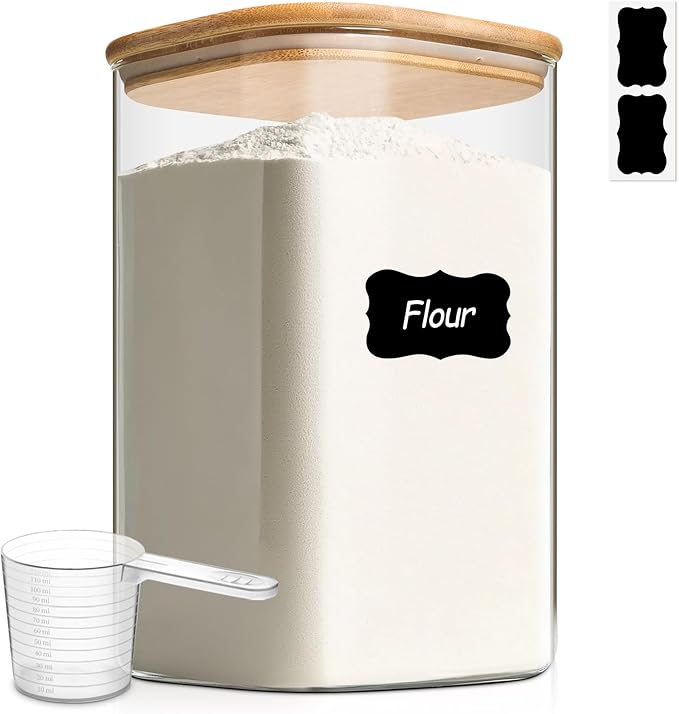 ComSaf Glass Storage Jars with Bamboo Lids 4.6 Qt Large Pantry Square | Cabinet Organization, Flour Sugar Coffee Beans, Pasta Cereal Dry Food, Big Capacity, Dry Food Storage