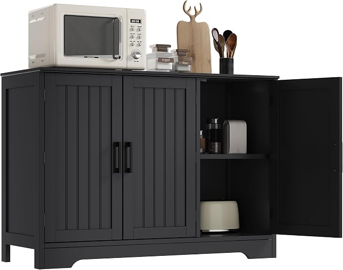 ChooChoo Modern Sideboard Buffet Cabinet with Adjustable Shelves | Coffee Bar Storage Cabinet, 3 Doors, for Kitchen, Dining Room, Living Room, Black