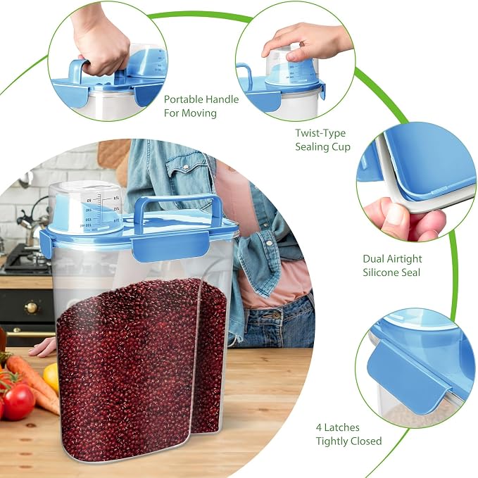 Viretec Rice Storage Container, 5 to 10lb Dry Food Airtight Dispenser, Pet Dog Cat Food Canister, BPA Free Clear Plastic Kitchen and Pantry Organization Bin for Oatmeal, Grain, Cereal, Pasta, Flour