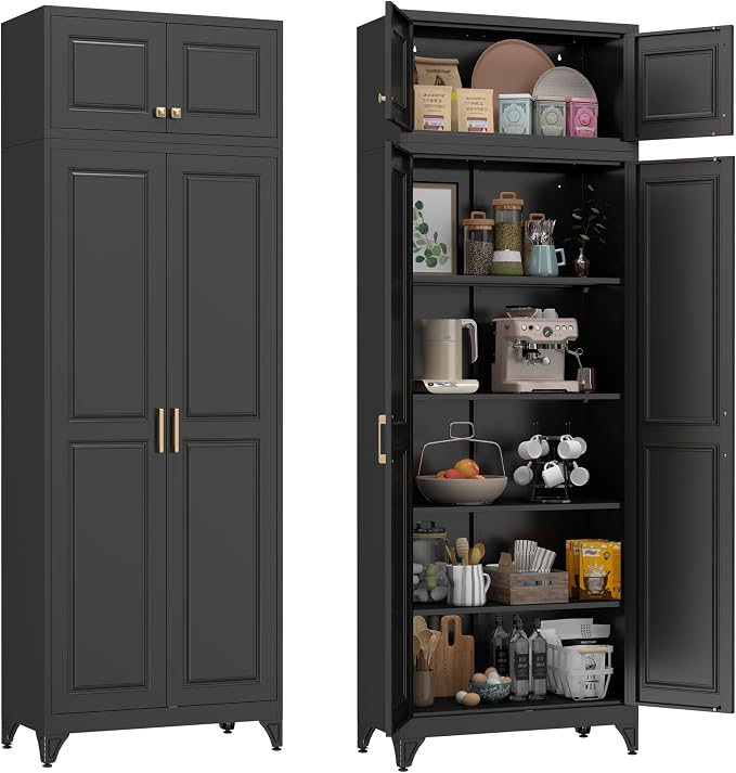 90” Tall Kitchen Pantry Cabinet,Metal Storage Cabinet with Doors and Adjustable Shelves,Modern Kitchen Hutch Cabinets,Freestanding Cupboard for Dining Room