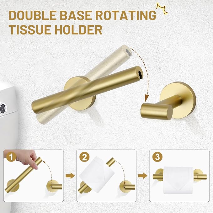 TURS Brushed Gold 5 Piece Bathroom Hardware Set, SUS304 Stainless Steel Bath Towel Bar Set, 23.6 Inch Round Bathroom Accessories Kit Wall Mounted