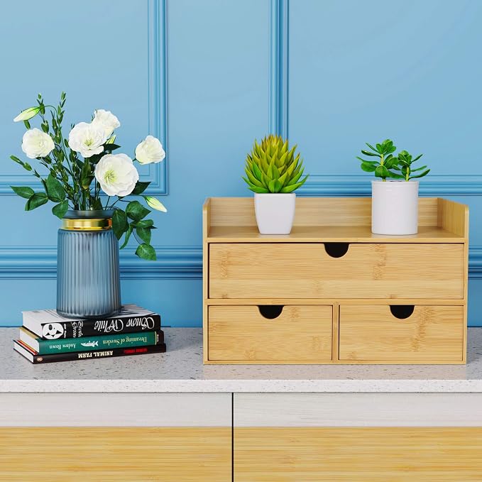 Bamboo Desk Organizer with Drawers, 3-Drawer Desktop Storage Box | 3 Drawers Open Top Tray Fully Assembled Stores Pens, Notes, Makeup, Jewelry & Toiletries for Office, Vanity & Bath