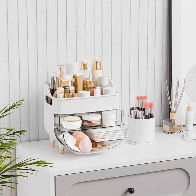 White Make up Organizer for Countertop,Vanity,Large Capacity Bathroom Makeup Skincare Organizers With Brush Holder,Makeup Storage Organizer for Lotion,Beauty Products,Skin Care,Makeup Display