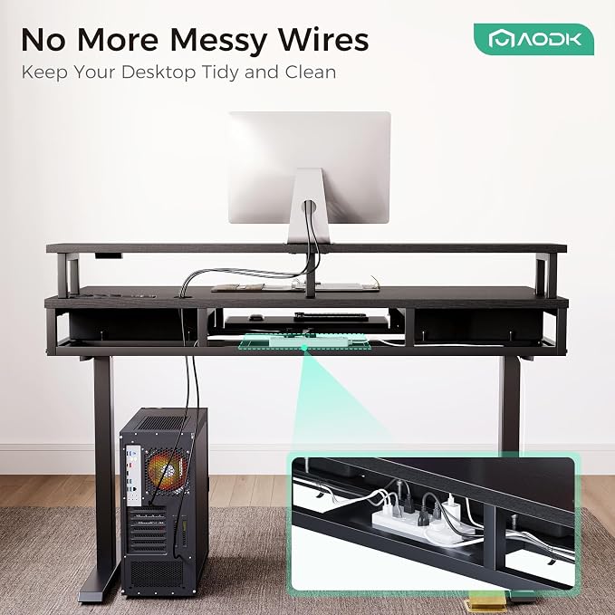 AODK 55 Inch Electric Standing Desk with Drawers & Keyboard Tray, Black | 3 Outlets & 2 USB Ports, LED Lights, Monitor Stand, Cable Management Tray, 3 Memory Heights, 29.9"-46.1" in Range