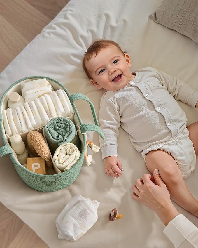 Blissful Diary Baby Diaper Caddy Organizer, Cotton Rope Diaper Caddy Basket, Oval Storage Basket, Gift for Baby Shower, Newborn Essentials, Green