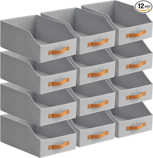 Fabric Storage Bins for Organizing - 12 Pack Large Trapezoid Collapsible Storage Bins with Front Handle, Closet Organizers and Storage for Bedroom, Home Shelves, Small Spaces, Grey
