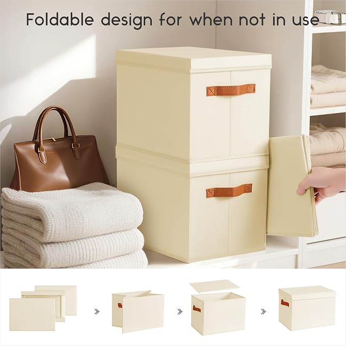 Homsorout Storage Bins with Lids - Large Fabric Closet Bins with Lid, 6 Pack Clothes Organizers and Storage, Collapsible Stackable Cube Basket for Home, Office, Dorm, Beige