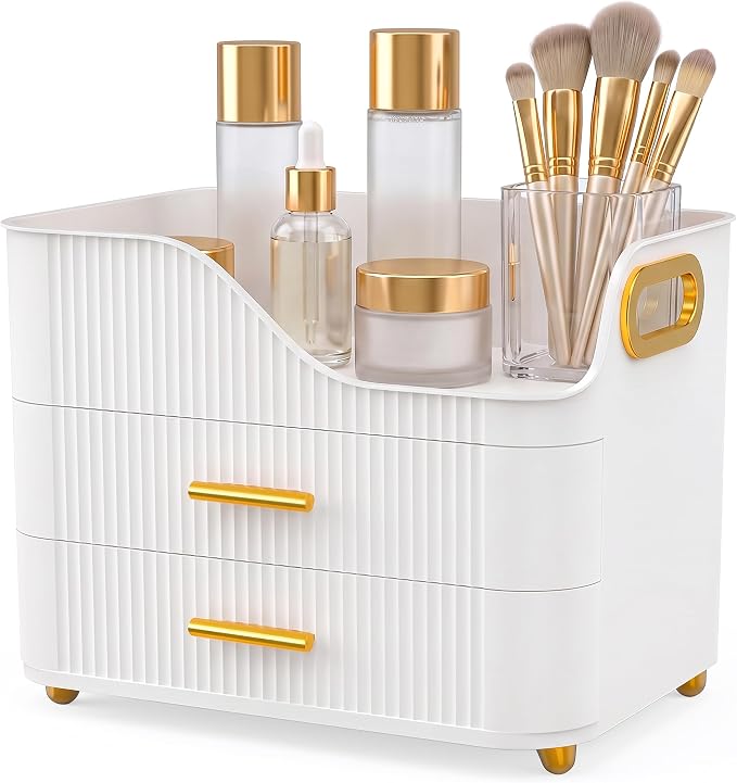 Booklov Large Makeup Organizer for Vanity, Bathroom Countertop, White | Plastic Cosmetic Display Case with Drawers, Beauty Brush Holder for Dresser Counter Skincare Eyeshadow Lipstick Storage