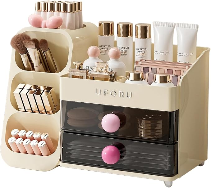 UFORU Makeup Organizer Countertop with Brush Holder for Vanity Bathroom | Large Capacity, Thickened Plastic, 2 Clear Drawers, Compact Size, Detachable Brush Holder, Divided Compartments, Easy Access