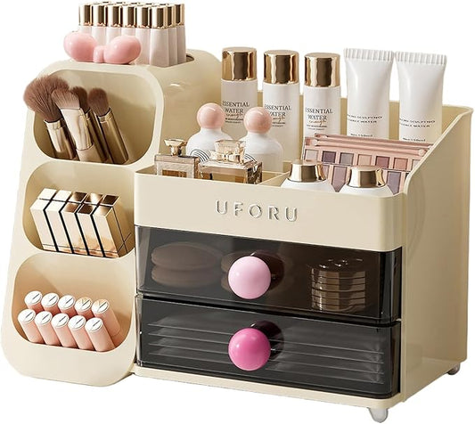 UFORU Makeup Organizer Countertop with Brush Holder for Vanity Bathroom | Large Capacity, Thickened Plastic, 2 Clear Drawers, Compact Size, Detachable Brush Holder, Divided Compartments, Easy Access