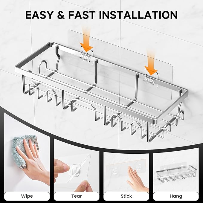 Shower Caddy, 3 Pack Shower Shelves for Inside Bathroom, Rustproof Adhesive Bathroom Organizer with Soap Holder, No Drilling Washroom Organizers and Storage for Tub Room/Kitchen/Home, Silver
