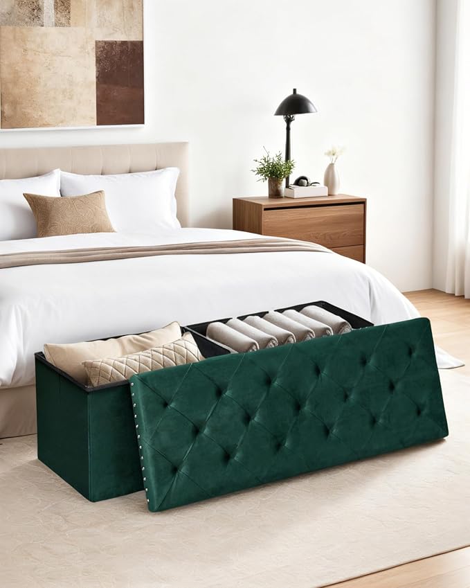 Velvet Storage Ottoman Bench, 43.3" Upholstered Tufted Ottoman with Storage, Folding Footrest Bench for Bedroom, Living Room, or Entryway, Holds up to 660 LBS,Green