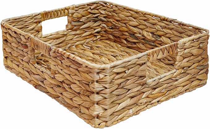 Rectangular Wicker Shelf Basket, Square Water Hyacinth Woven Storage Basket | Three-sided handle design, Natural water hyacinth material, Suitable for the living room, storage room, vanity, and wardrobe