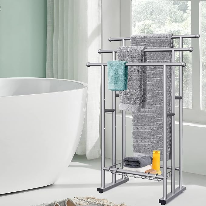 Kayfia 40'' Freestanding 3 Tier Alloy Steel Towel Rack with Storage Basket | Dual-Use Drying & Display Rack, Holds Oversized Bath Towels & Blankets, Fits Bathroom, Tub, Shower, Poolside, Silver