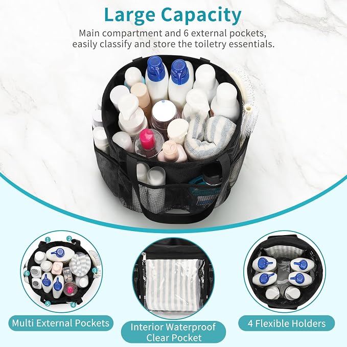 Mesh Shower Caddy Portable for College Dorm Room Essentials, Hanging Shower Caddy with Waterproof Phone Pouch, Large Capacity Shower Bag Basket Tote for Bathroom, Gym, Camping, Swimming, Beach, Black
