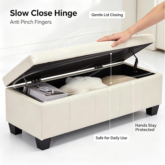 41.5 Inch Cream White Faux Leather Storage Ottoman Bench for Bedroom | 2.8 cu ft hidden storage,660 lbs weight capacity,soft padded seat,solid wood legs for indoor home use